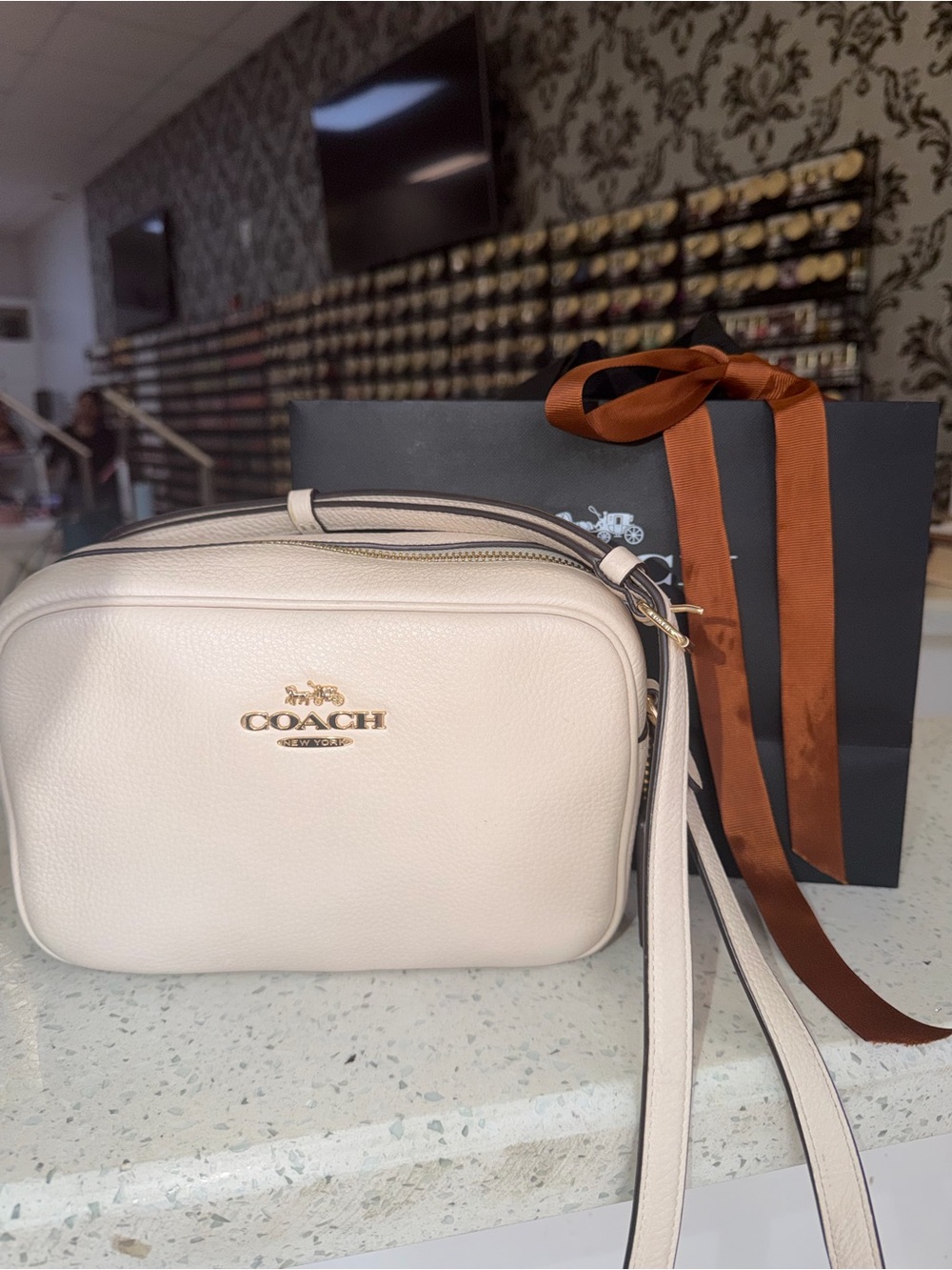 Coach Cream Pebbled Leather Crossbody with Gold Logo